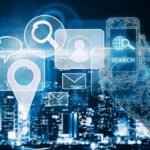 Abstract polygonal hand holding cellphone with digital media hologram on night city background. Cyberspace concept. Double exposure